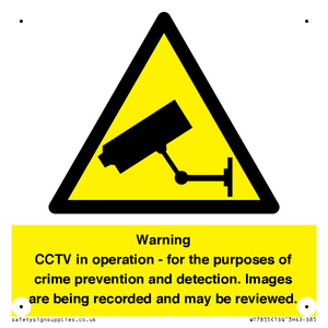 Warning CCTV in operation - for the purposes of crime prevention and detection. Images are being recorded and may be reviewed.